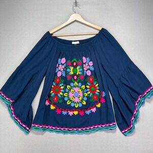 Ruby Yaya Blouse Womens M Blue Floral Embroidered Bright Boho Vibrant Artsy